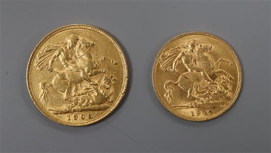 A George V 1914 gold half sovereign and an Edward VII 1908 gold sovereign.